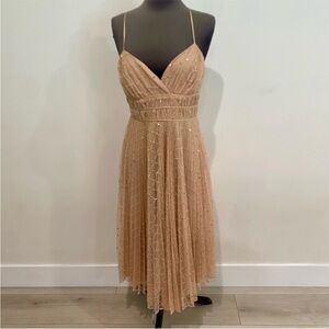 VINTAGE BETSEY JOHNSON GOLD MESH SPARKLE SPAGHETTI STRAP MIDI DRESS SIZE MEDIUM